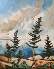 Load image into Gallery viewer, Reaching for the Sky, art, original art, clouds, skies, trees, pine trees, rocky shores, Northern Ontario