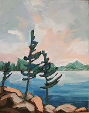 Load image into Gallery viewer, Pink Sky, art, original art, landscapes, landscape art, trees, rocky shores, skies, northern Ontario
