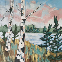 Load image into Gallery viewer, Northern Pink Sky, original art, art, landscape art, northern ontario, rocky shores, trees, windswept pines
