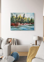 Load image into Gallery viewer, Rocky Shoreline, art, original art, shoreline, rocky shores, trees, pine trees, windswept pines, Northern Ontario