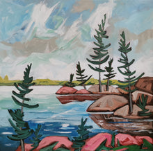 Load image into Gallery viewer, 1507, landscapes, original art, Canadian art, trees, rocky shores, lakes, windswept pines, acrylic, oil
