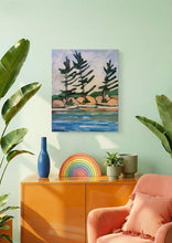 Load image into Gallery viewer, Threesome, art, original art, trees, pine trees, rocky shores, landscapes, landscape art, landscape painting, Northern Ontario
