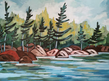 Load image into Gallery viewer, Rocky Shoreline, art, original art, shoreline, rocky shores, trees, pine trees, windswept pines, Northern Ontario
