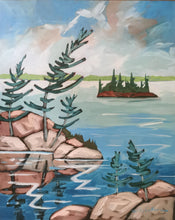 Load image into Gallery viewer, Northern Reflections, art, original art, landscape art, pine trees, rocky shores, rivers, Northern Ontario

