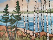 Load image into Gallery viewer, Northern Trees, art, original art, landscape art, water, lakes, trees, birch trees, windswept pines, Northern Ontario
