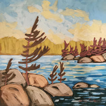 Load image into Gallery viewer, Golden Sky, art, original art, landscapes, landscape art, skies, northern ontario, trees, rocky shores
