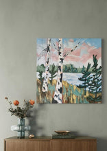 Load image into Gallery viewer, Northern Pink Sky, original art, art, landscape art, northern ontario, rocky shores, trees, windswept pines

