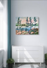 Load image into Gallery viewer, Rocky Shore, art, trees, original art, tree art, pine trees, rocky shores, lakes, Northern Ontario
